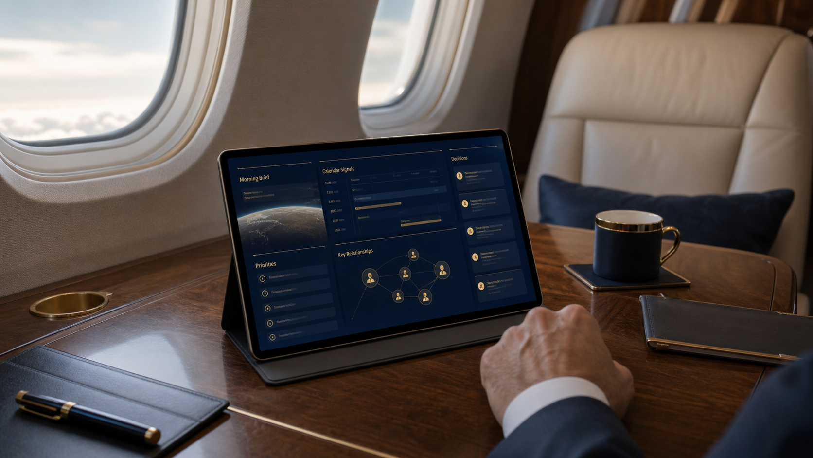 Aide-de-Camp executive dashboard open aboard a private aircraft