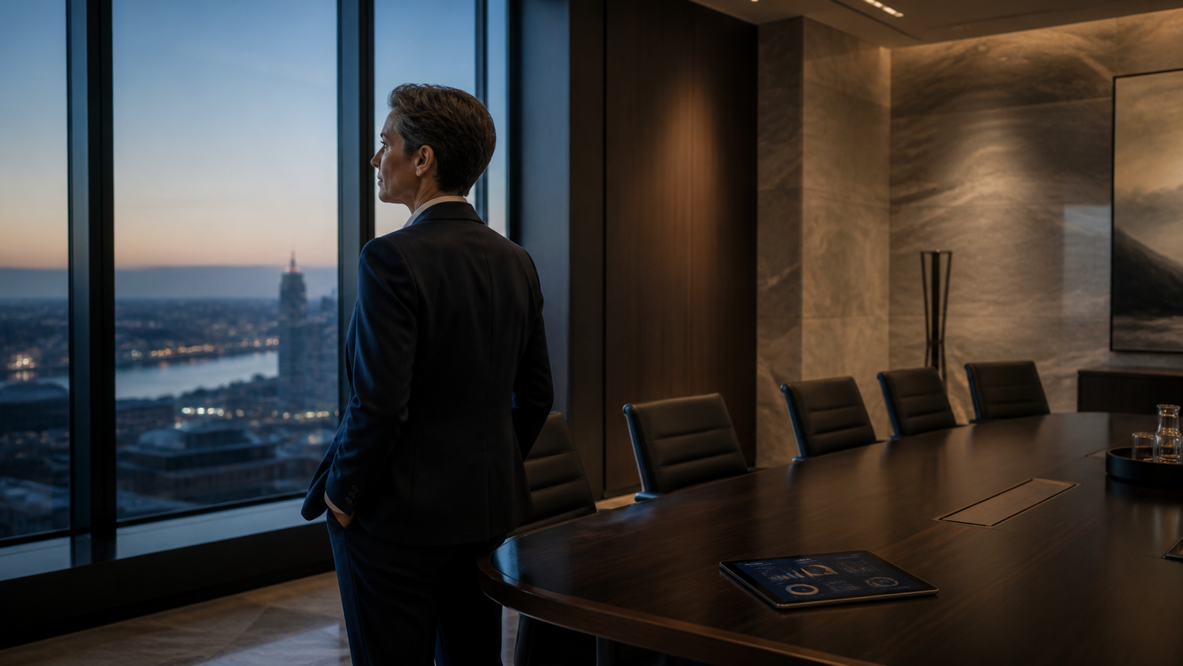 A prepared CEO in a private boardroom before an important meeting